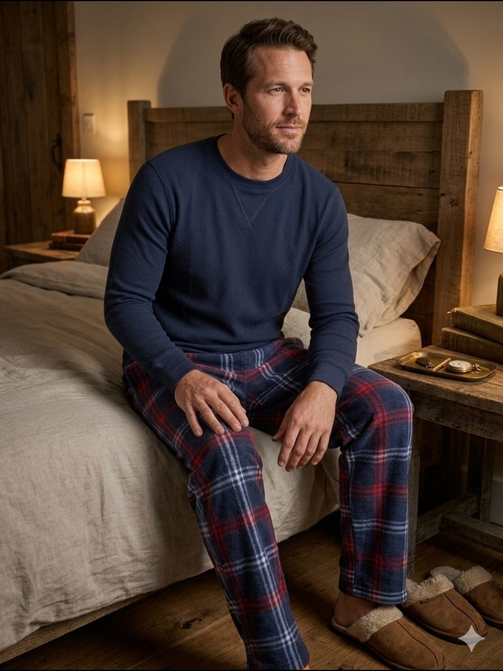 Nevada Men’s 2-Piece Pajama Set - Navy Waffle Knit Top & Plaid Fleece Pants (L)